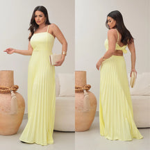 VESTIDO LONGO FEMININO PLISSADO COM BOJO