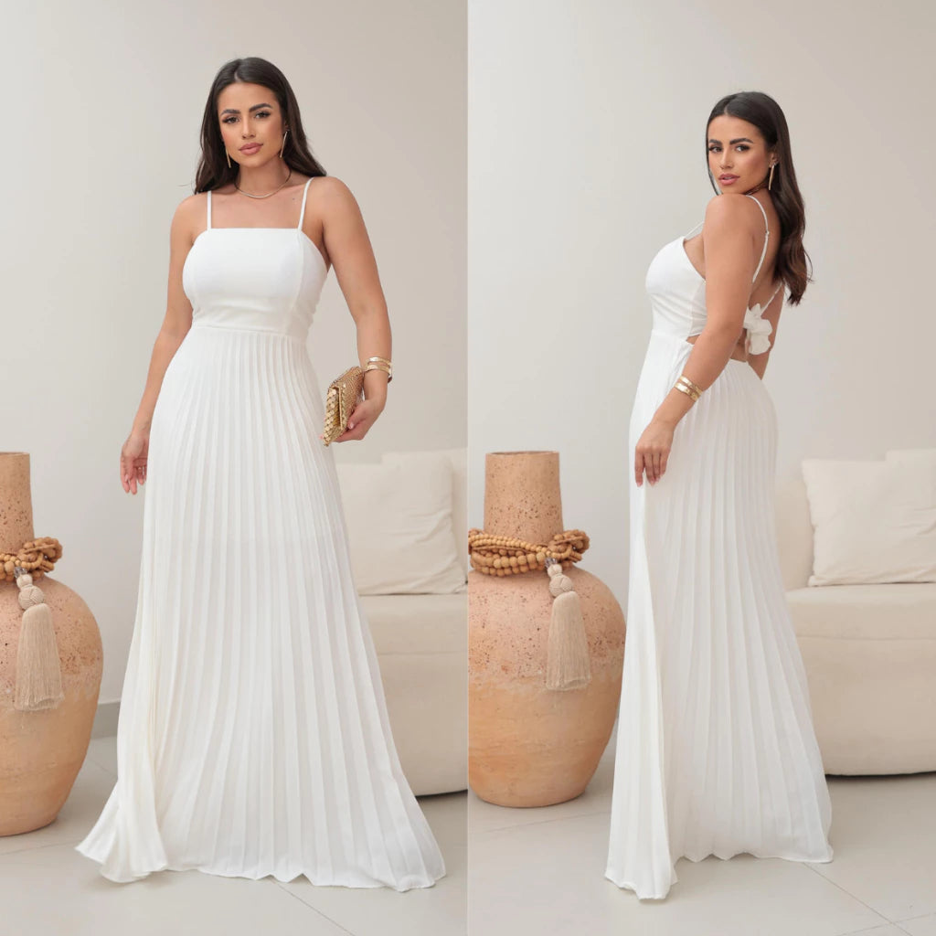 VESTIDO LONGO FEMININO PLISSADO COM BOJO