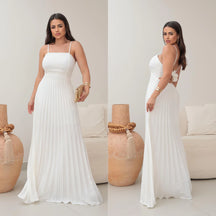 VESTIDO LONGO FEMININO PLISSADO COM BOJO