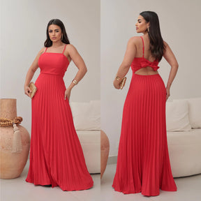 VESTIDO LONGO FEMININO PLISSADO COM BOJO