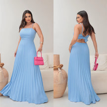 VESTIDO LONGO FEMININO PLISSADO COM BOJO
