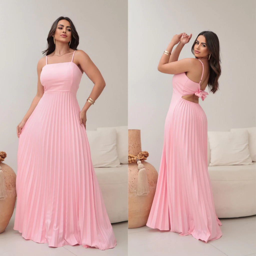 VESTIDO LONGO FEMININO PLISSADO COM BOJO