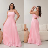 VESTIDO LONGO FEMININO PLISSADO COM BOJO