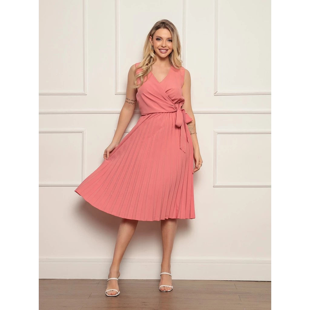 Vestido Midi Feminino em Crepinho com Decote Transpassado e Saia Plissada – Elegância feminina, caimento leve e sofisticado
