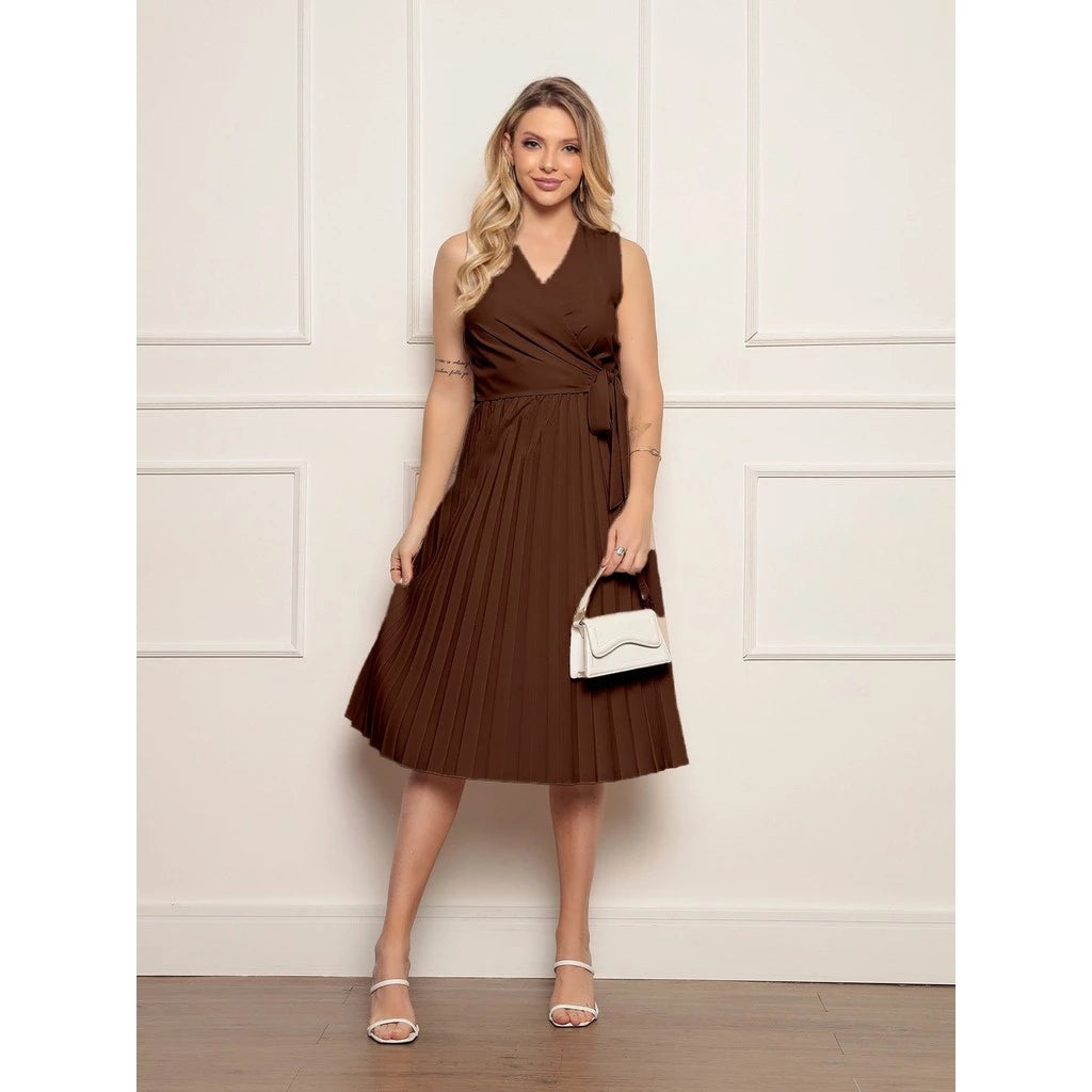 Vestido Midi Feminino em Crepinho com Decote Transpassado e Saia Plissada – Elegância feminina, caimento leve e sofisticado